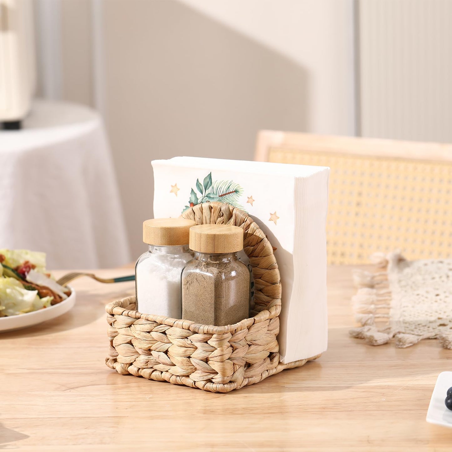 Napkin Holder for Table with Salt and Pepper Shakers, Natural Woven Water Hyacinth Includes 2 Glass Shakers, Tabletop Organizer for Kitchen, Home, Dining and Bar