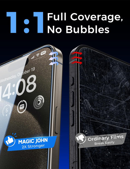MAGIC JOHN 2 Pack for iPhone 15 Pro Max 6.7 inch Tempered Glass Screen Protector, Auto Dust-Elimination Installation, Bubble Free, Dynamic Island Compatible, HD Clear, Easy Installation