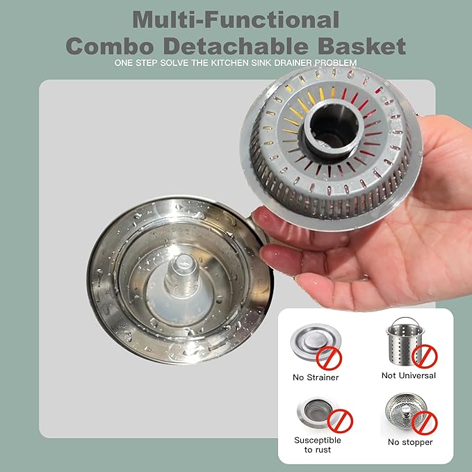 Kitchen Sink Drain Strainer 3 in 1, 304 Stainless Steel Pop Up Sink Stopper