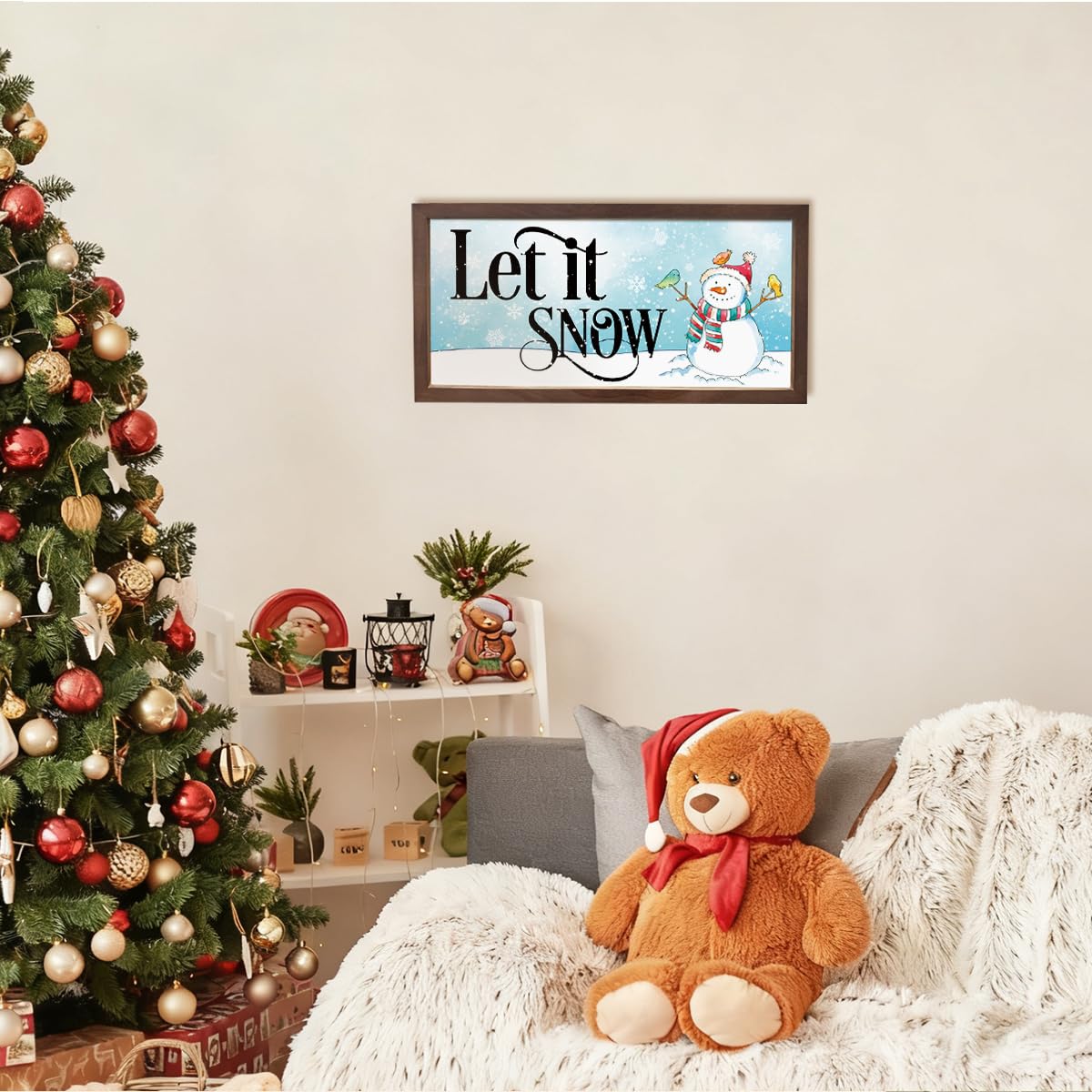 Let It Snow Sign, Winter Decor Signs, Snow Lover Home Decor, Christmas Snowman Signs, Christmas Decorations Sign for Wall, Winter Decors Art, Rustic Framed Wooden Plaque 15×7.5×0.3 inches