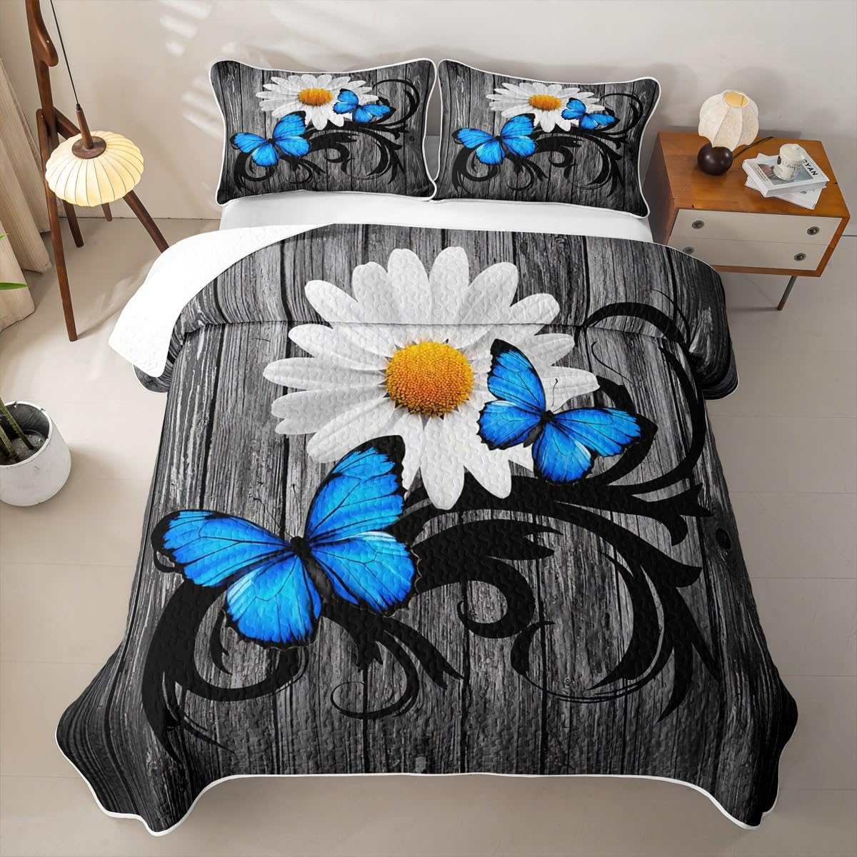 Erosebridal Daisy Quilt Butterfly Quilt Set Queen Retro Wooden Planks Bedding Coverlet Rustic Farmhouse Animals Bedspread with 2 Pillowcases