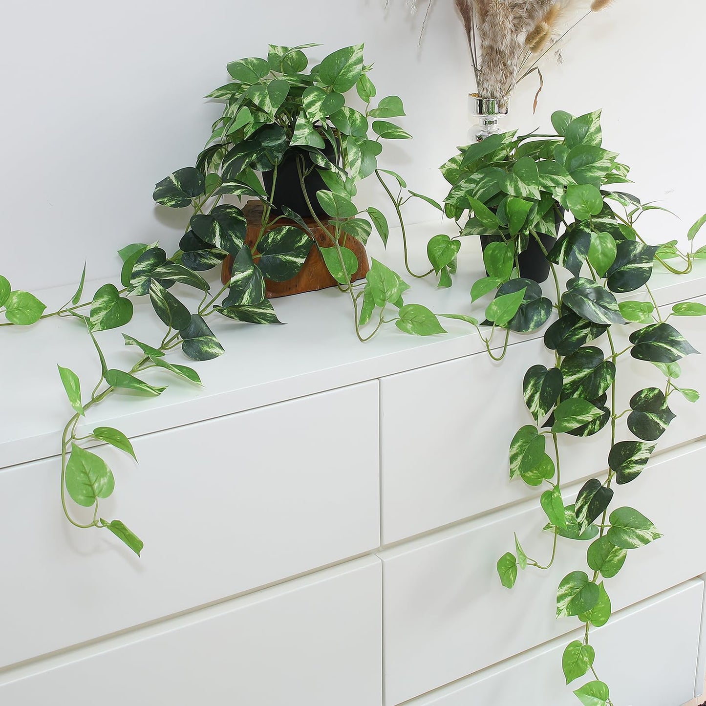 Fake Pothos Hanging Plants - 33" Set of 2 Artificial Silk Ivy Vines with Pots, Realistic Faux Greenery for Indoor Home Office Bathroom Decor, Low Maintenance Hanging Plant Decoration - Golden Green