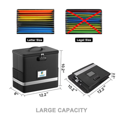 ZOOPIP Fireproof File Box with Lock, Document Box Storage Organizer, Suitable for Hanging File Folders in Letter Size, Collapsible File Box, Reflective Strip for Fast Find (12.2"*6"*10.2, Black)