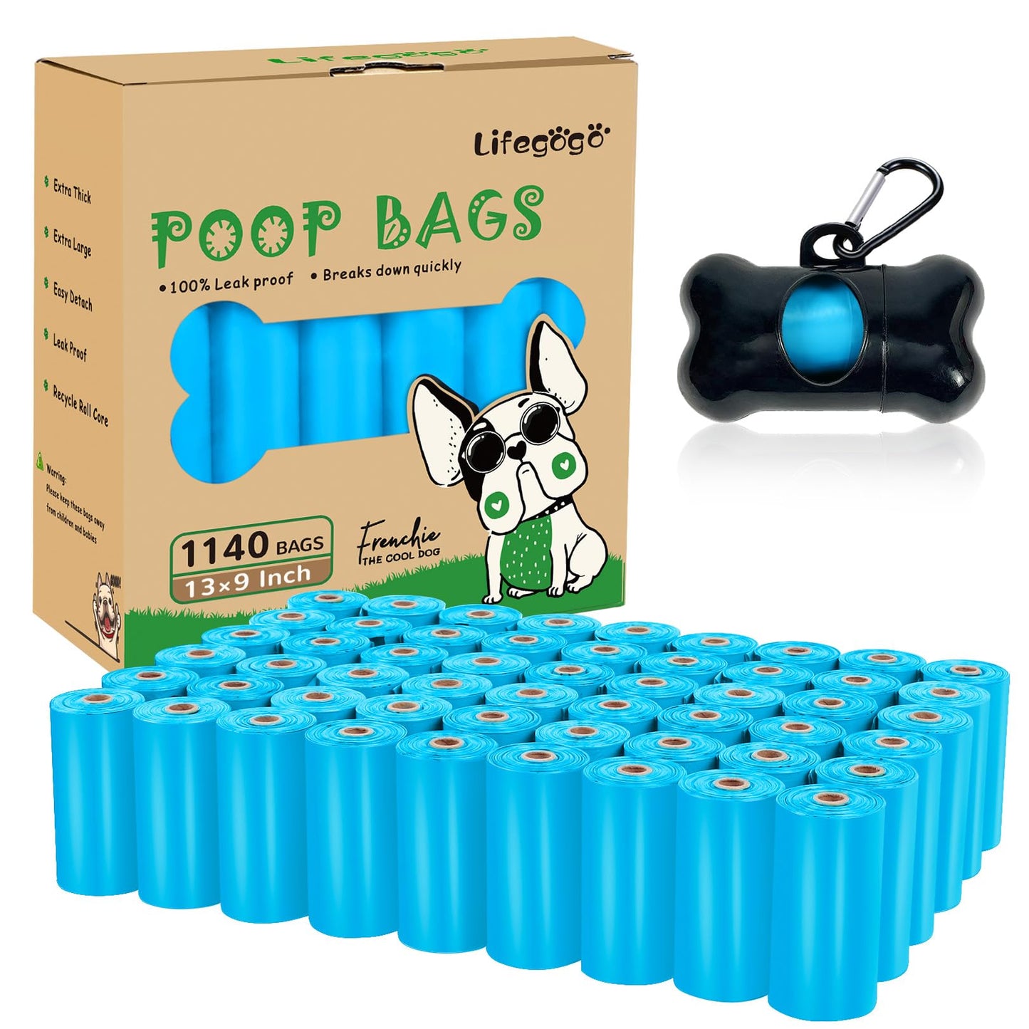 Dog Poo Bags - 1140 Counts Dog Poop Bags Rolls with Dispenser, Unscented Poo Bags for Dog, Extra Thick Strong Leak Proof Dog Waste Bags, Blue - 57 Rolls (13 x 9 Inches)