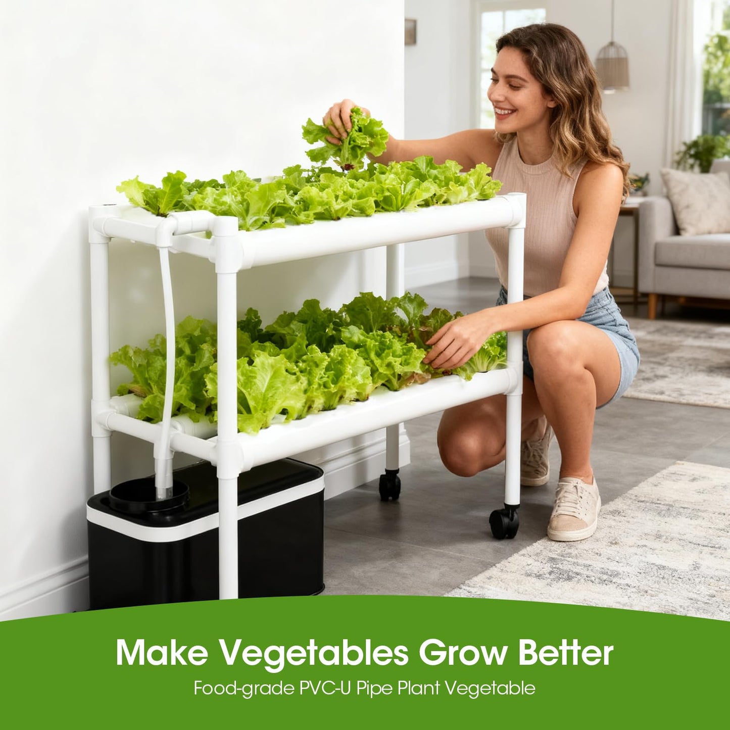 Hydroponics Growing System Kit with Wheels, 54 Plant Sites Gardening Aquaponics Tower, 2-Tier Food-Grade PVC-U Pipes Water Pump Timer for Leafy Vegetables, Indoor, Outdoor (33"x35"x14" in 54 Holes)