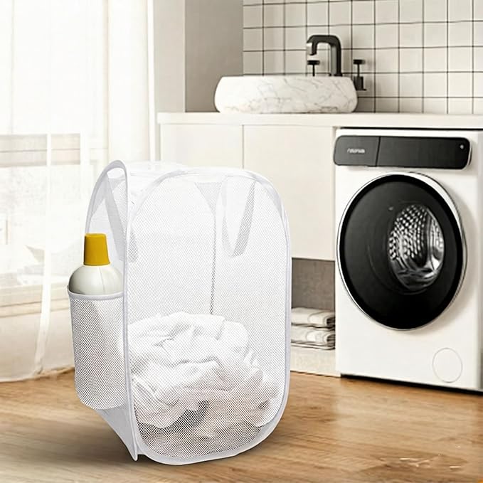 The upgraded pop-up laundry basket features a breathable side pocket mesh design