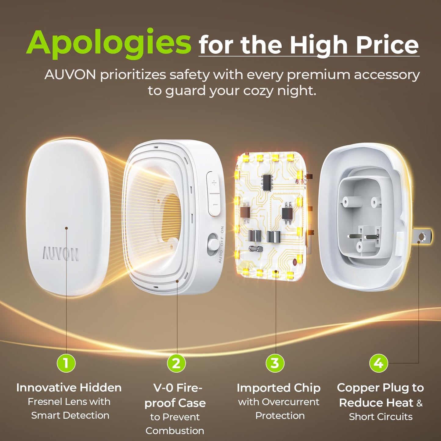 AUVON Plug-in LED Backlit Night Light with Motion Sensor & Dusk to Dawn Sensor, Dimmable Amber Nightlight with 1-50 lm Adjustable Brightness for Bedroom, Bathroom, Stairs, Hallway (4 Pack)