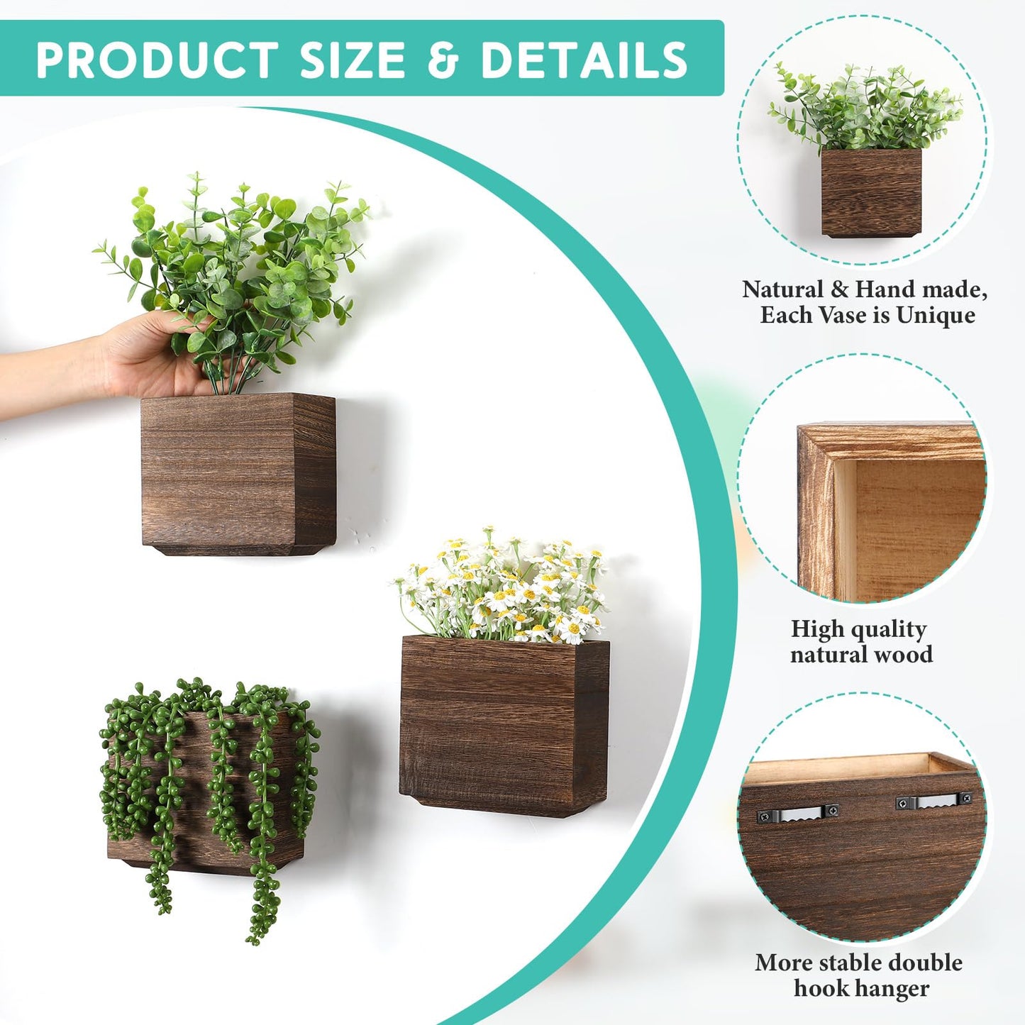 Qinyoung 4 Pack Wood Wall Planters Natural Hanging Plant Pots 5.5 x 5 Inches Natural Farmhouse Wall Hanging Decor Vase for Indoor Dried Flowers and Faux Greenery