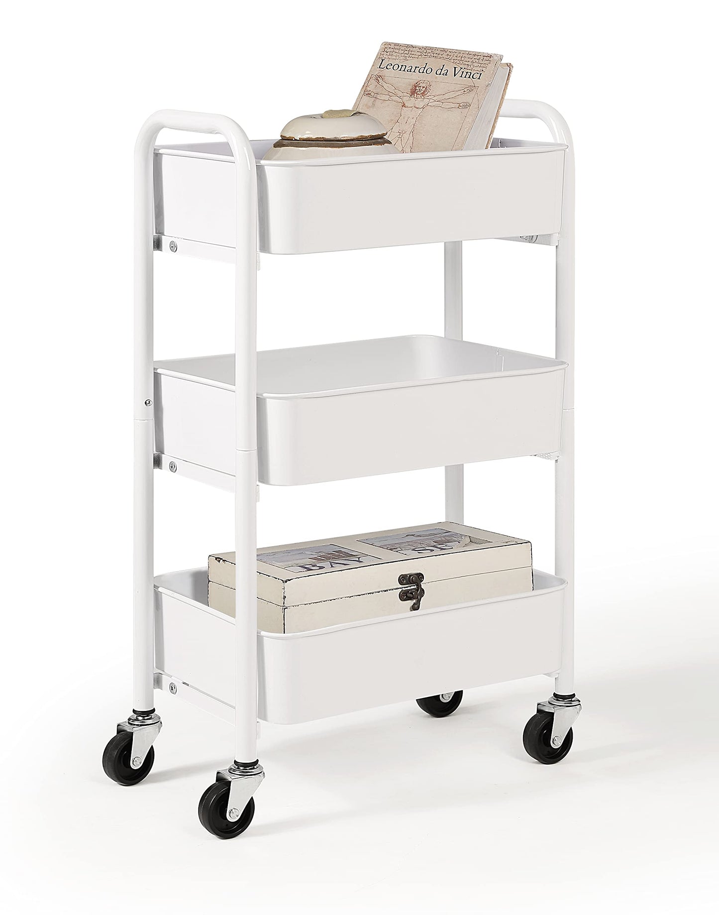 SunnyPoint 3-Tier Delicate Compact Rolling Metal Storage Organizer - Mobile Utility Cart Kitchen/Under Desk Cart with Caster Wheels - WHT (15.35" X 10.24" X 26.8"H)