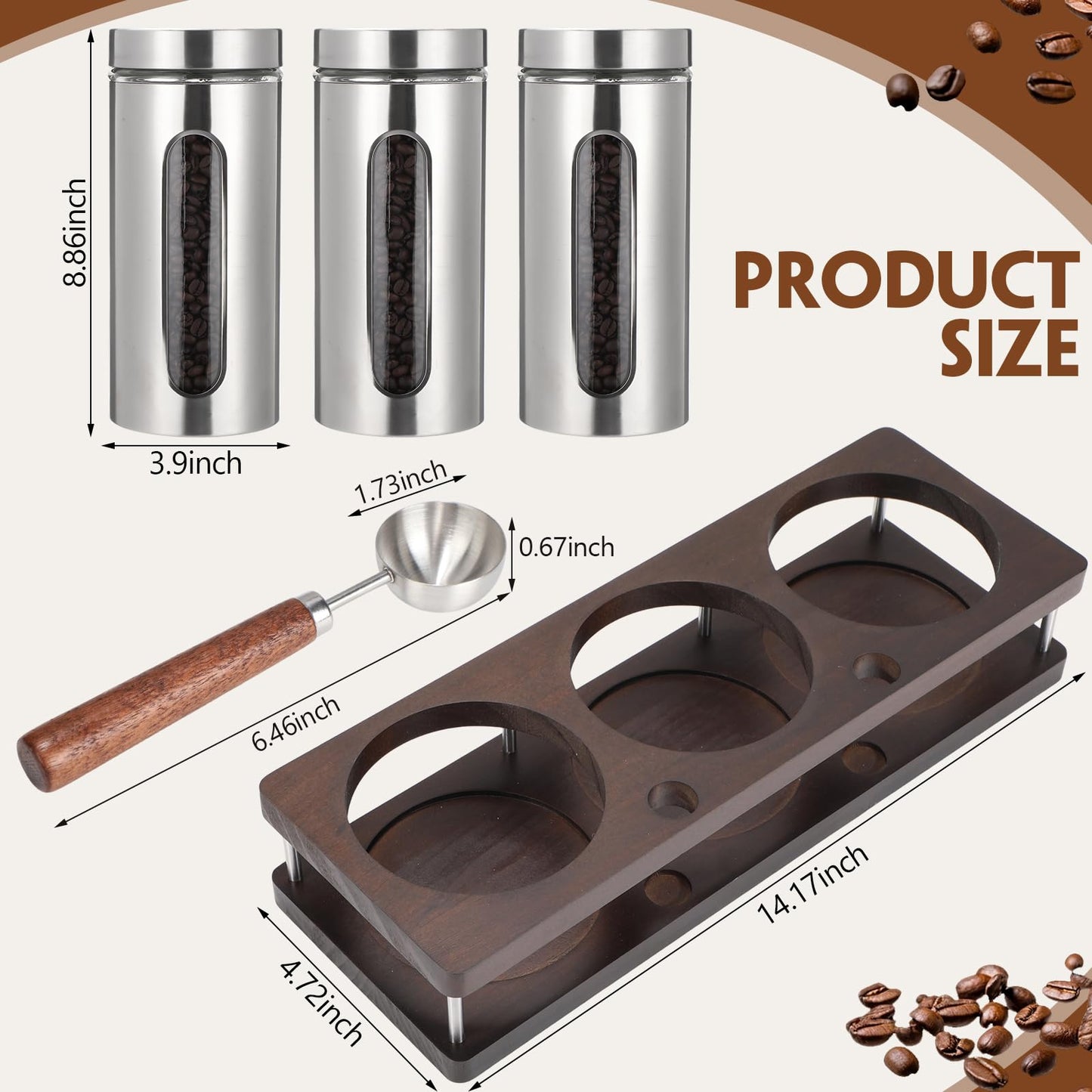 Suclain Stainless Steel Coffee Grounds Canisters with Shelf 3 x 50oz Sugar Coffee Bean Storage Container with Airtight Threaded Lid Glass Window Scoop Kitchen Jar Set for Bar Creamer Nut Tea