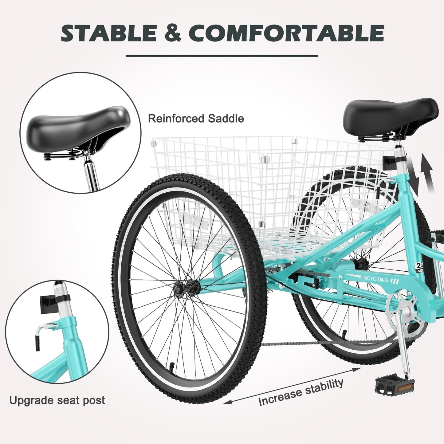 H&ZT Adult Tricycle, 3 Wheeled Bike, Trike Cruiser Bike, with 7-Speed Gear, Parking Brake Handle, Low Step, Large Rear Basket, Elderly Friendly, for Men, Women, and Teens