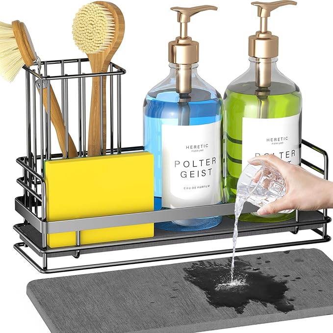 Yofidra Sink Caddy With Stone Drying Tray: Stainless Steel Soap Dispenser