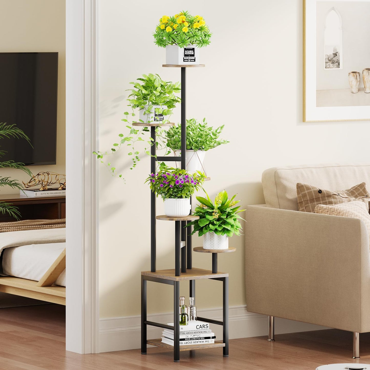 Homsorout Plant Stand Indoor with Grow Light,6-Tiered Tall Plant Stand Indoor, Metal Plant Shelf with Adjustable Light, Ideal for Living Room, Garden, Patio (Black Brown)