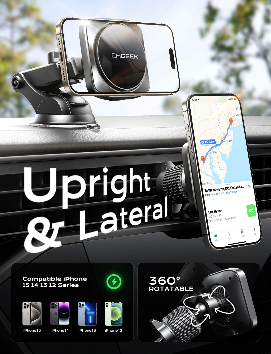CHGeek for 15W Magsafe Car Mount Charger, iPhone Wireless Car Charger Magnetic Car Phone Holder Mount Fit iPhone 16 15 14 13 Magsafe Case, Vent/Windshield/Dash Phone Mount Holder Fast Cooling Charger