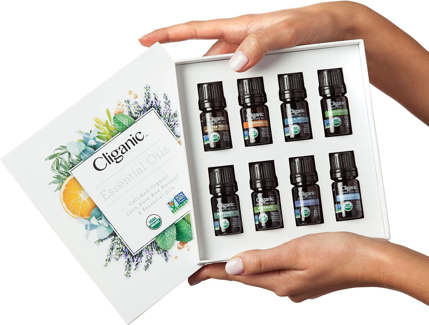 Cliganic Organic Aromatherapy Essential Oils Gift Set (Top 8), 100% Pure - Peppermint, Lavender, Eucalyptus, Tea Tree, Lemongrass, Rosemary, Frankincense & Orange