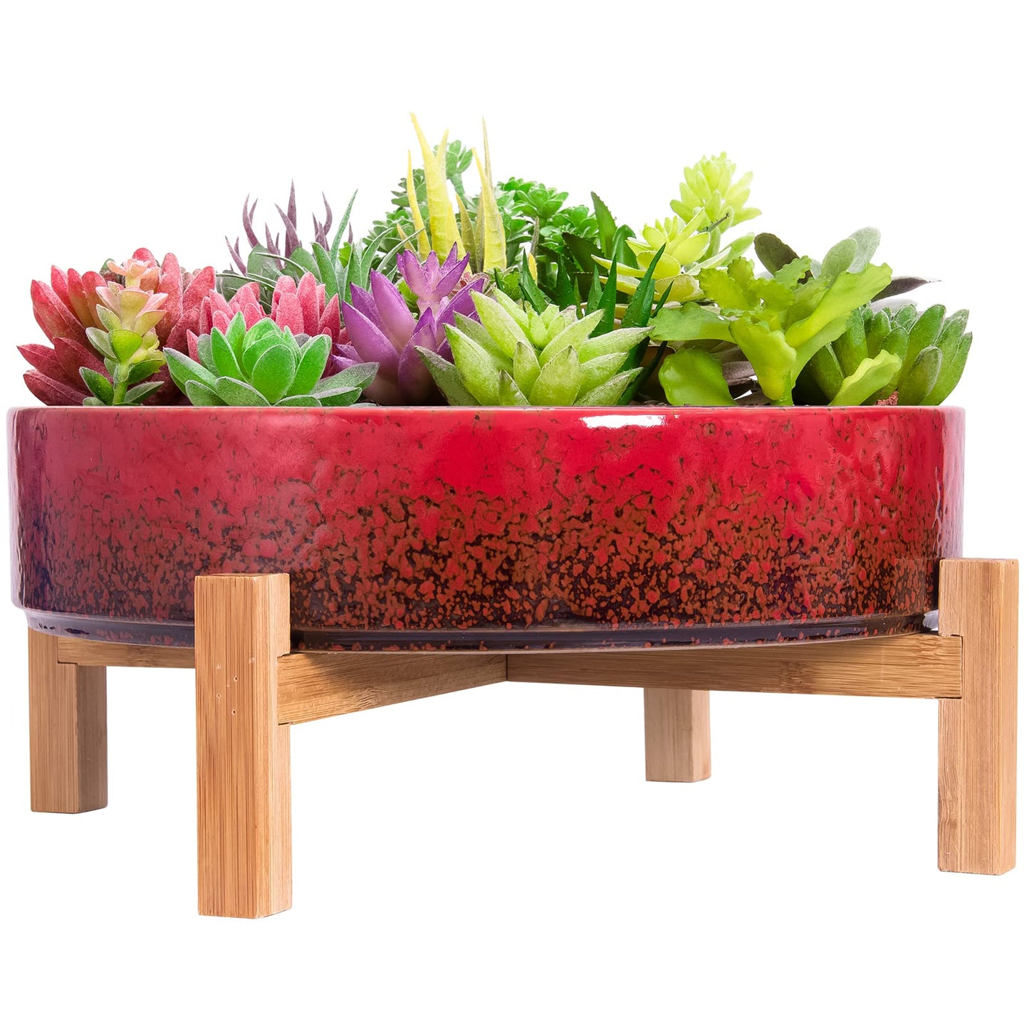 ARTKETTY Succulent Pots - 11 Inch Large Succulent Planters with Drainage Ceramic Bonsai Pots with Bamboo Stand, Shallow Cactus Flower Plant Container Bowl for Home Office Decor (Red)