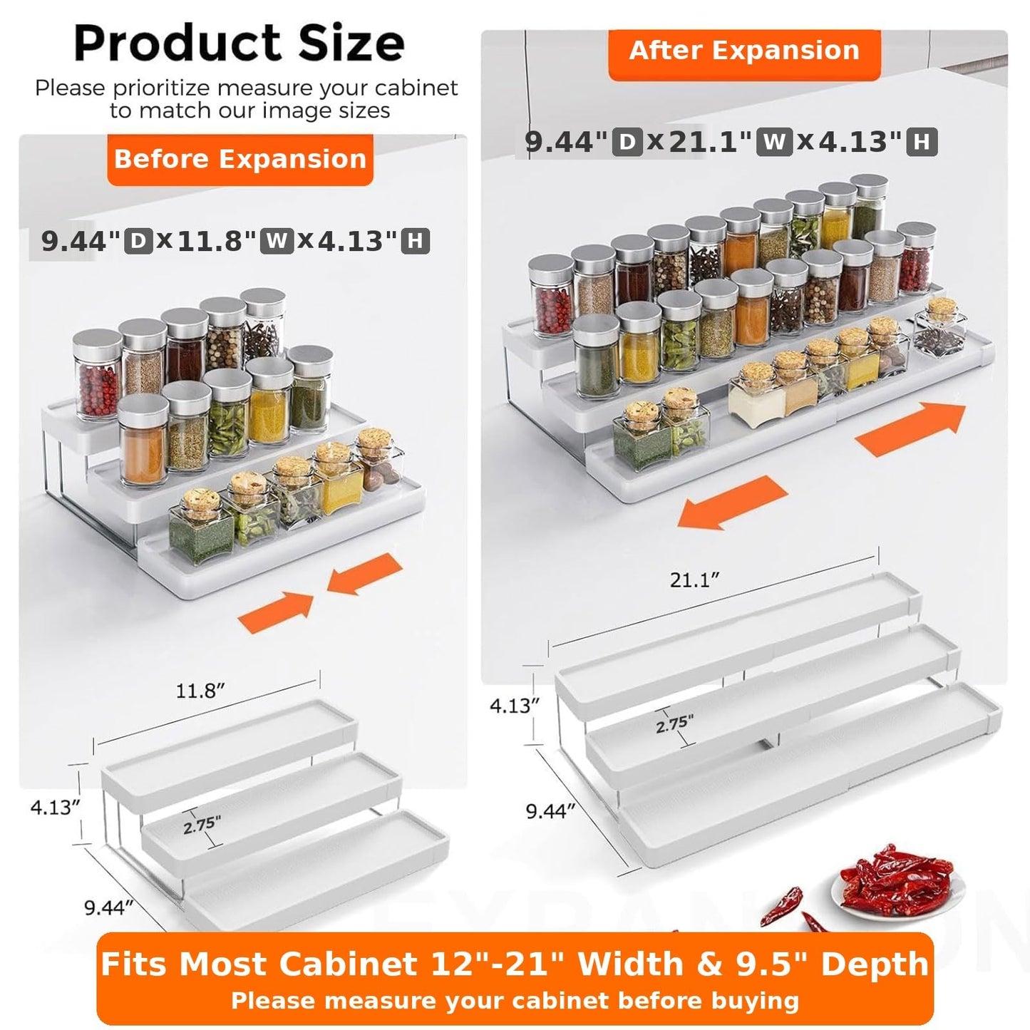 INVOCOO Expandable Spice Rack Organizer for Cabinet - 3 Tier Adjustable Cabinet Spice Organizer Easy Visibility - Spice Organizer for Cabinet Countertop Cupboard Pantry Organization (White)