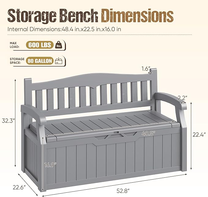 80-Gallon Outdoor Storage Bench, Waterproof Deck Box with Lockable Lid & Armrests for Patio, Garden, Pool, Gray