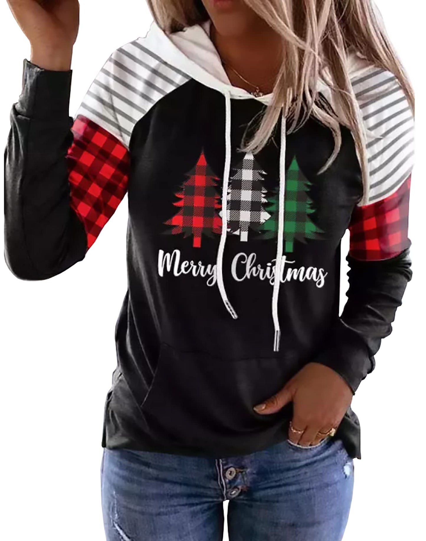 Merry Christmas Buffalo Plaid Tree Striped Splicing Hoodie Shirt Blouse for Women Christmas Color Block T Shirt Top(Black, Large)