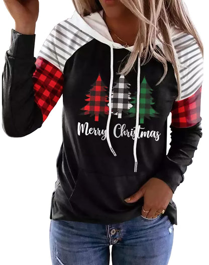 Merry Christmas Buffalo Plaid Tree Striped Splicing Hoodie Shirt Blouse for Women Christmas Color Block T Shirt Top(Black, Large)