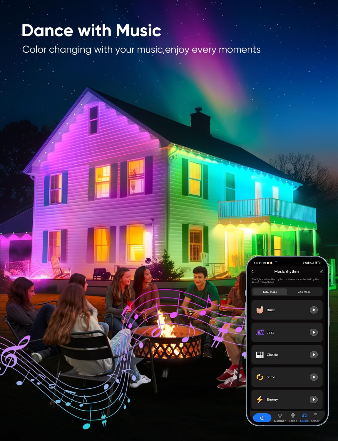 APPECK Permanent Outdoor Lights 100ft,RGBW Eaves Light with 72 LED Lights,111+ Scenes Modes Outdoor Lighting, Waterproof Permanent Light for Daily Holiday Decorations, Compatible with Alexa,Black