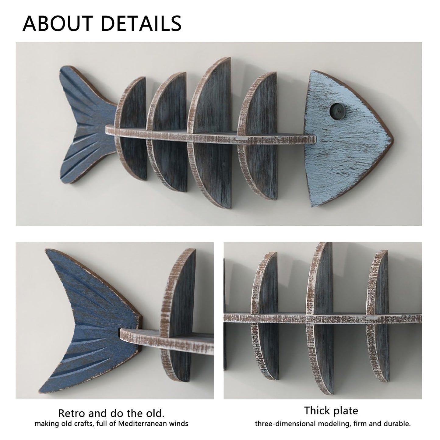 huulmood Wooden Fish Wall Shelf, Wood Fish Beach Decor Display Shelf, Nautical Coastal Style Wall - Mounted Organizer in Bedroom，Living Room，Lake House, Bathroom