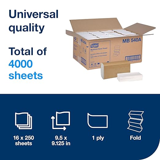 Tork Multifold Hand Towel White H2, 100% Recycled Fibers, 16 x 250 Towels