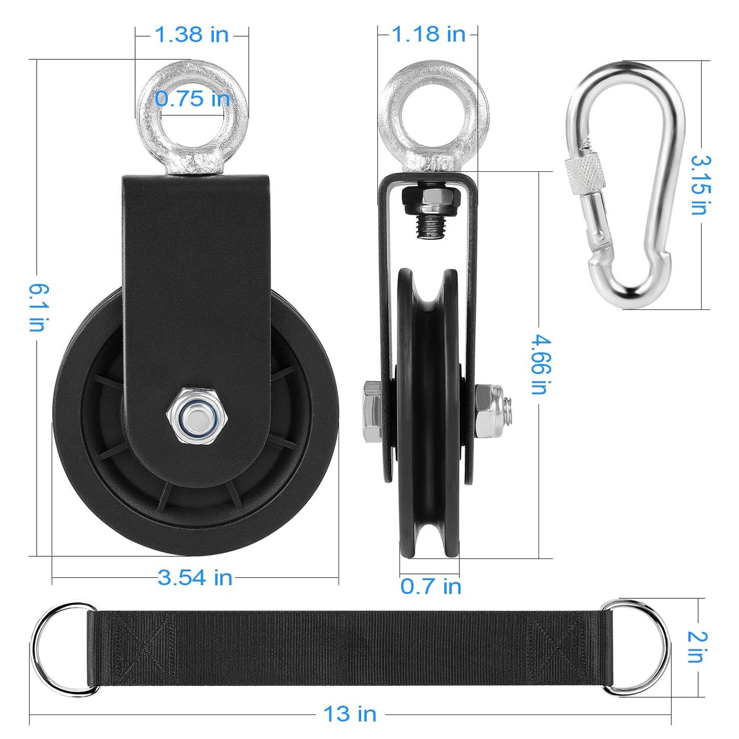 Spuspk 3.54 in Cable Pulley 360 Rotation Traction Wheel with Carabiner and Strap,Silence Smooth Detachable for DIY Gym Pulley System,DIY Gym Attachment Lifting Blocks,Ladder Lift,Hoists,Clothesline