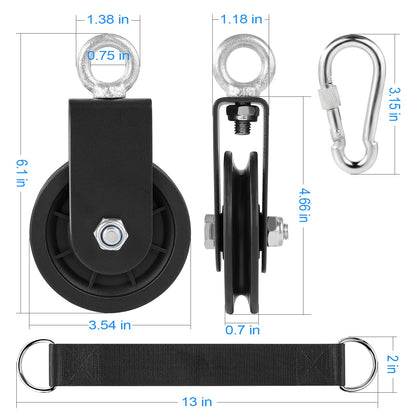 Spuspk 3.54 in Cable Pulley 360 Rotation Traction Wheel with Carabiner and Strap,Silence Smooth Detachable for DIY Gym Pulley System,DIY Gym Attachment Lifting Blocks,Ladder Lift,Hoists,Clothesline