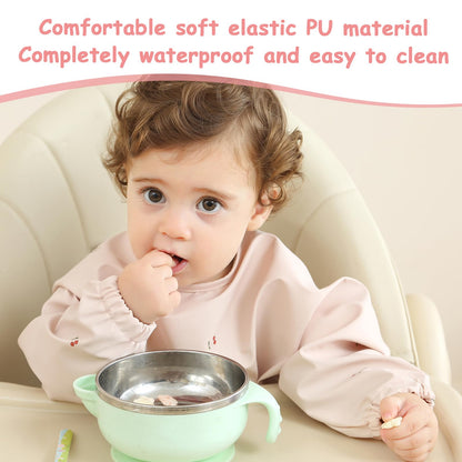 PewinGo Baby Bibs with Long Sleeve Bib & BLW, Coverall Bibs for Baby Feeding, PU Soft and Skin-Friendly Material, Machine Washable, Waterproof and Easy to Clean, Baby Infant Toddlers (Pink)