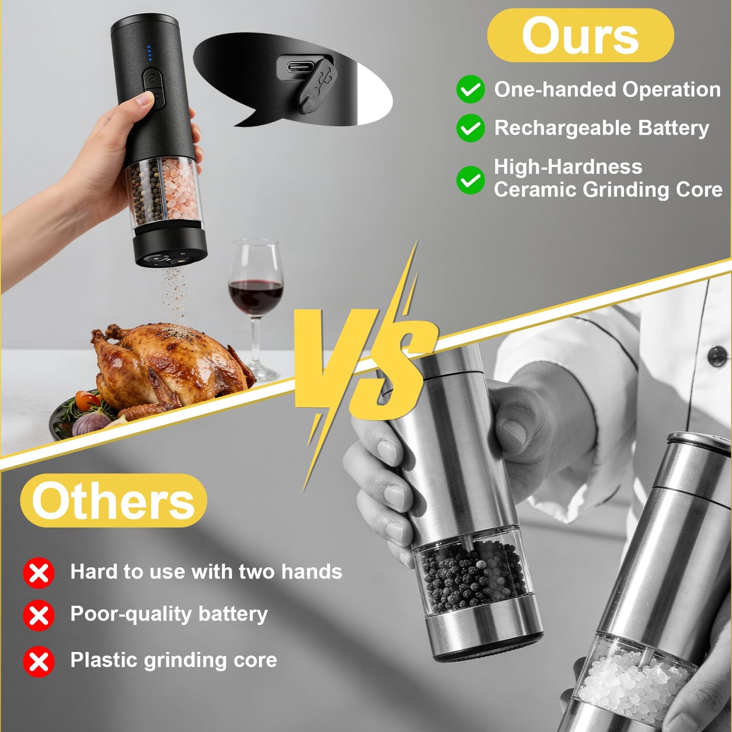 Agilive 2 in 1 Electric Salt and Pepper Grinder Set, Dual Ceramic Grinder Adjustable Coarseness, Kitchen gift, Automatic Salt and Pepper Mill Shakers with Battery Display(Black)