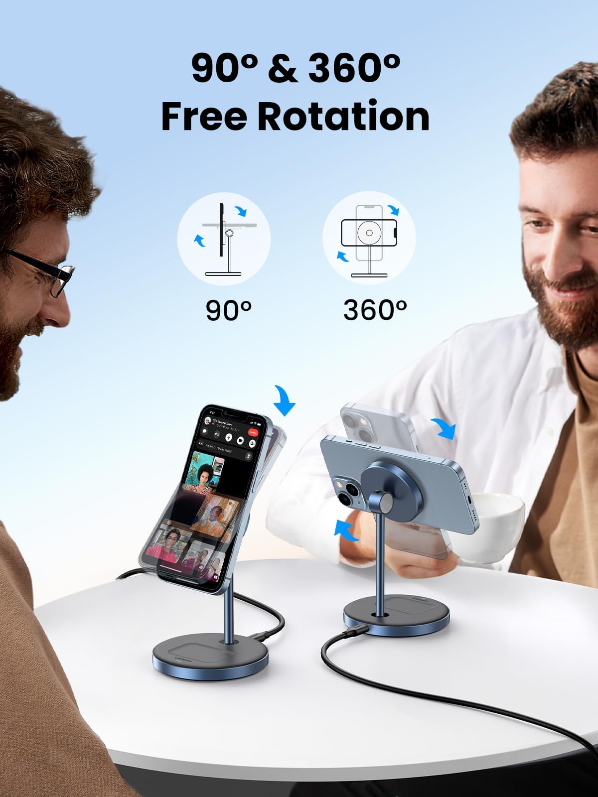 UGREEN MagFlow 2-in-1 Magnetic Wireless Charging Station, Fast Wireless Charger for iPhone 16 15 14 13 12 Series and AirPods, MagSafe Compatible Qi Charging Stand with 3 FT USB-C Cable (No AC Adapter)