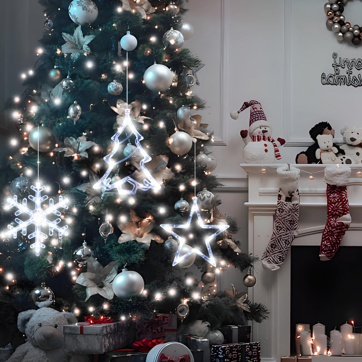 LYUBASA 3Pack Christmas Window Lights Decorations with Timer, Battery Powered Hanging White Lighted Snowflake Tree Star Shaped LED Sucker for Xmas Tree Fireplace Indoor Decor