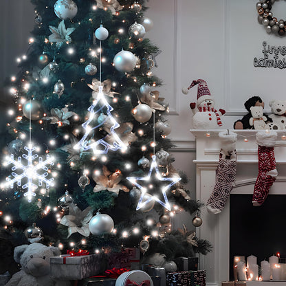 LYUBASA 3Pack Christmas Window Lights Decorations with Timer, Battery Powered Hanging White Lighted Snowflake Tree Star Shaped LED Sucker for Xmas Tree Fireplace Indoor Decor