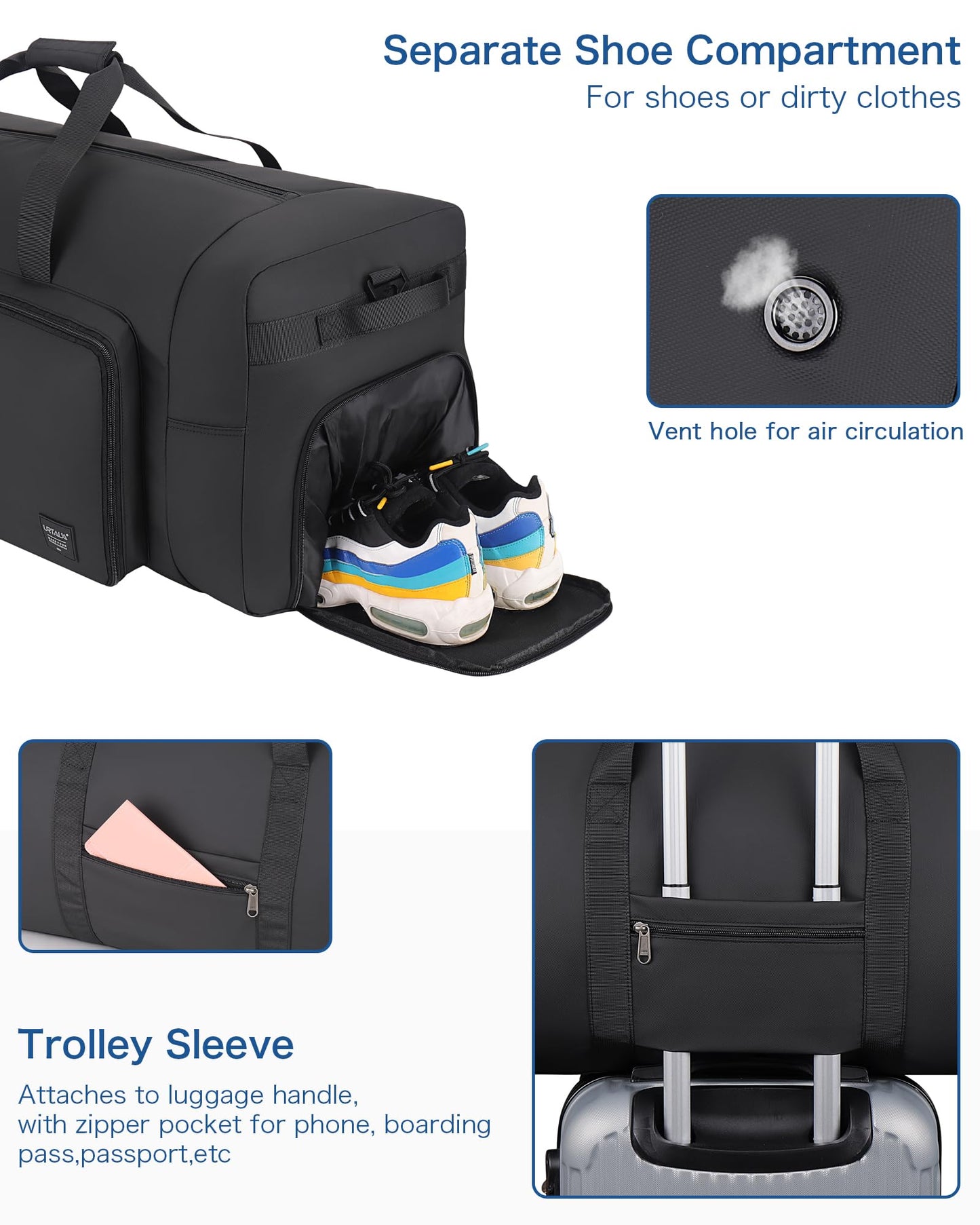 120L Travel Duffle Bag for Men and Women, Urtala 34” Large Duffle Bag for Traveling with Shoes Compartment, Foldable Travel Duffel Bags, Waterproof and Tear Resistant