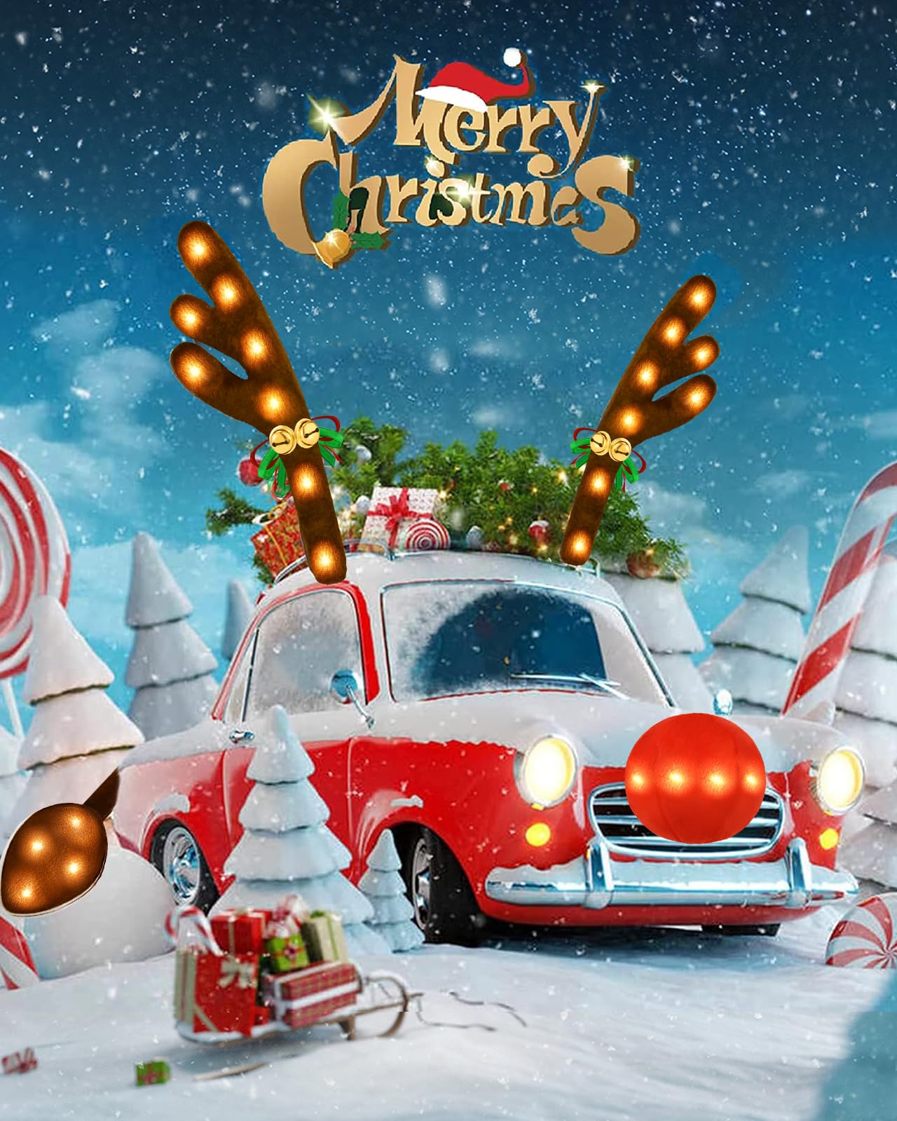 Christmas Reindeer Antlers Car Decoration Kit with LED Warm White Lights, Vehicle Christmas Car Kit with Jingle Bells Rudolph Reindeer and Nose, Tail for The Trunk