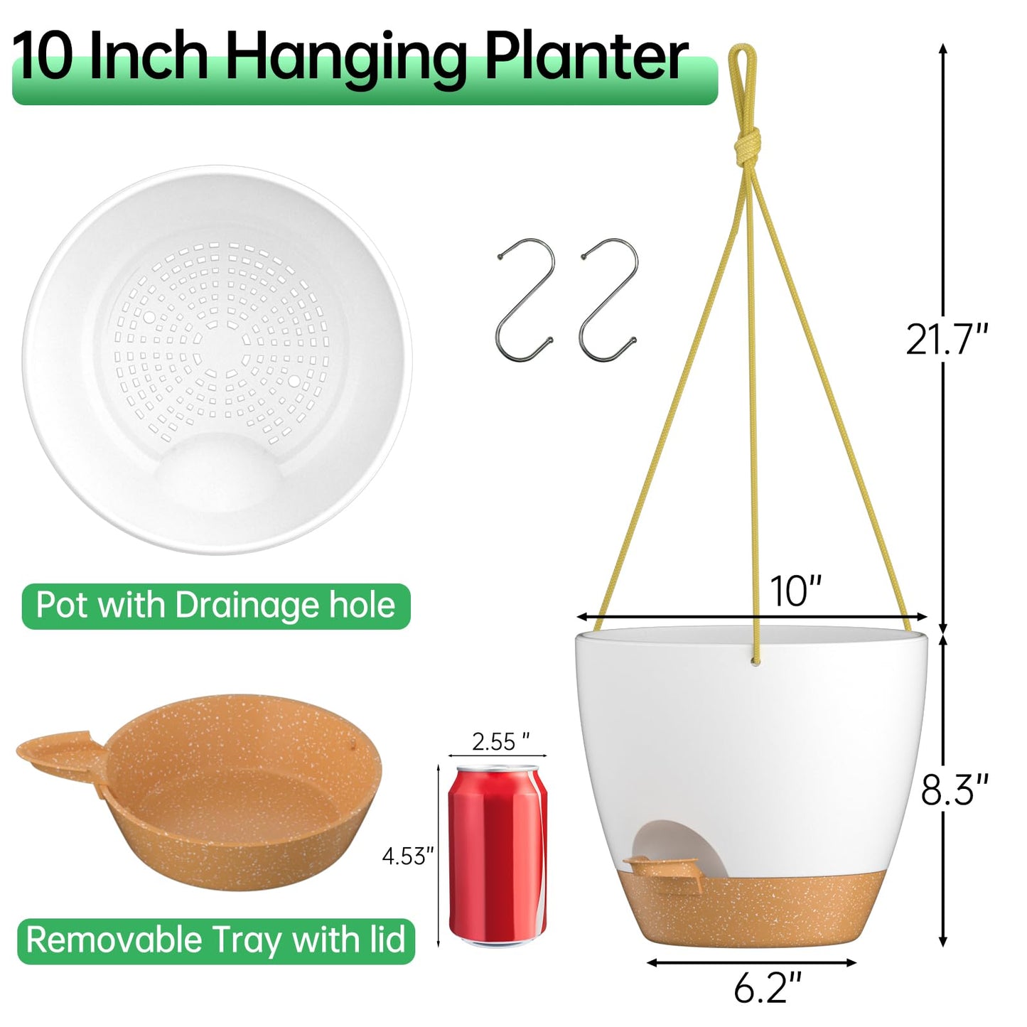 ZMTECH 10 Inch Hanging Planters for Indoor Outdoor Plants, 2 Pack Self Watering Hanging Plant Pots with Drainage Holes and Removable Saucer, Plastic Flower Hanging Pots with Watering Lip (White)