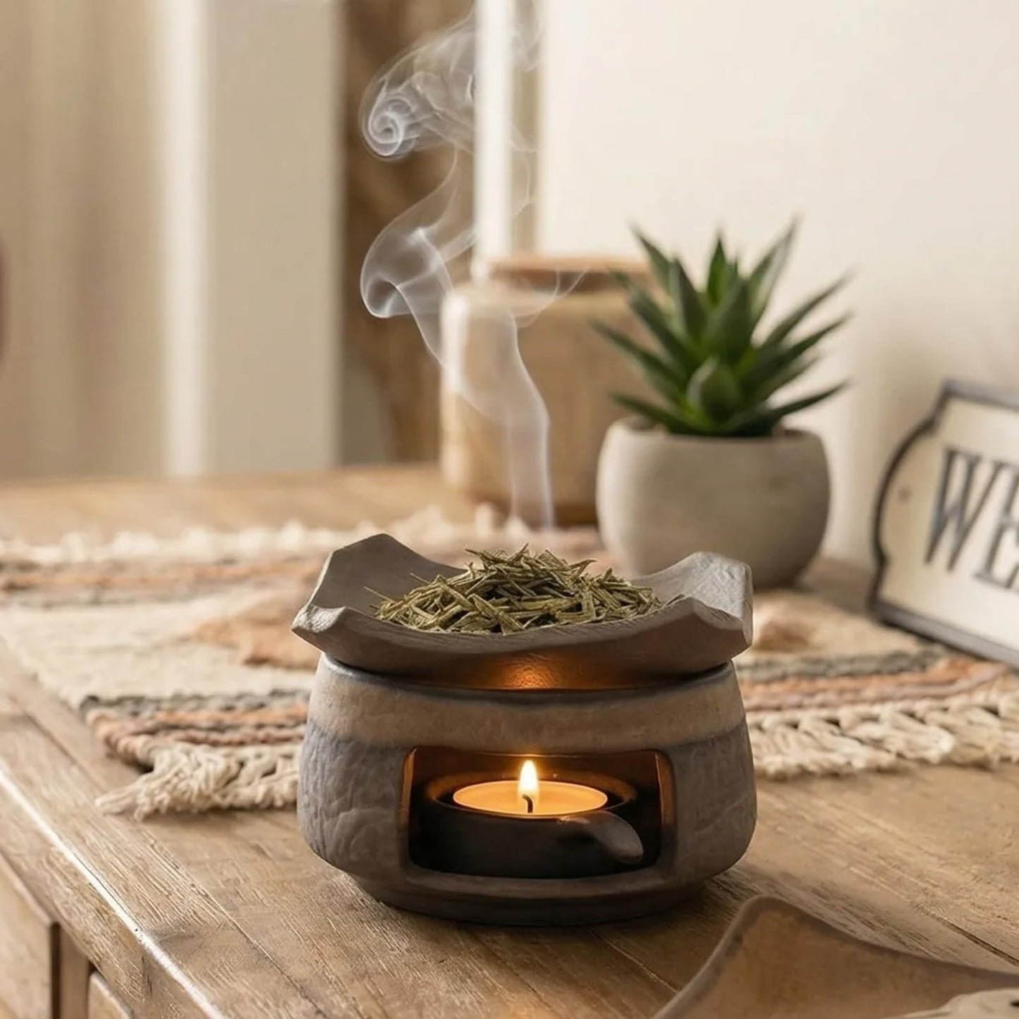 Ceremony Ceramic Incense Holder Aromatherapy Diffuser, White Sage Incense Burner, Herb Burner & Candle Wax Warmer with Tealight Holder, Home Fragrance Accessories for Relaxation & Meditation