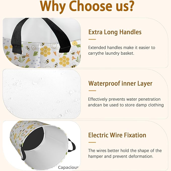 Bee Honey Flower Laundry Basket, Waterproof Foldable Laundry Hamper, Dirty