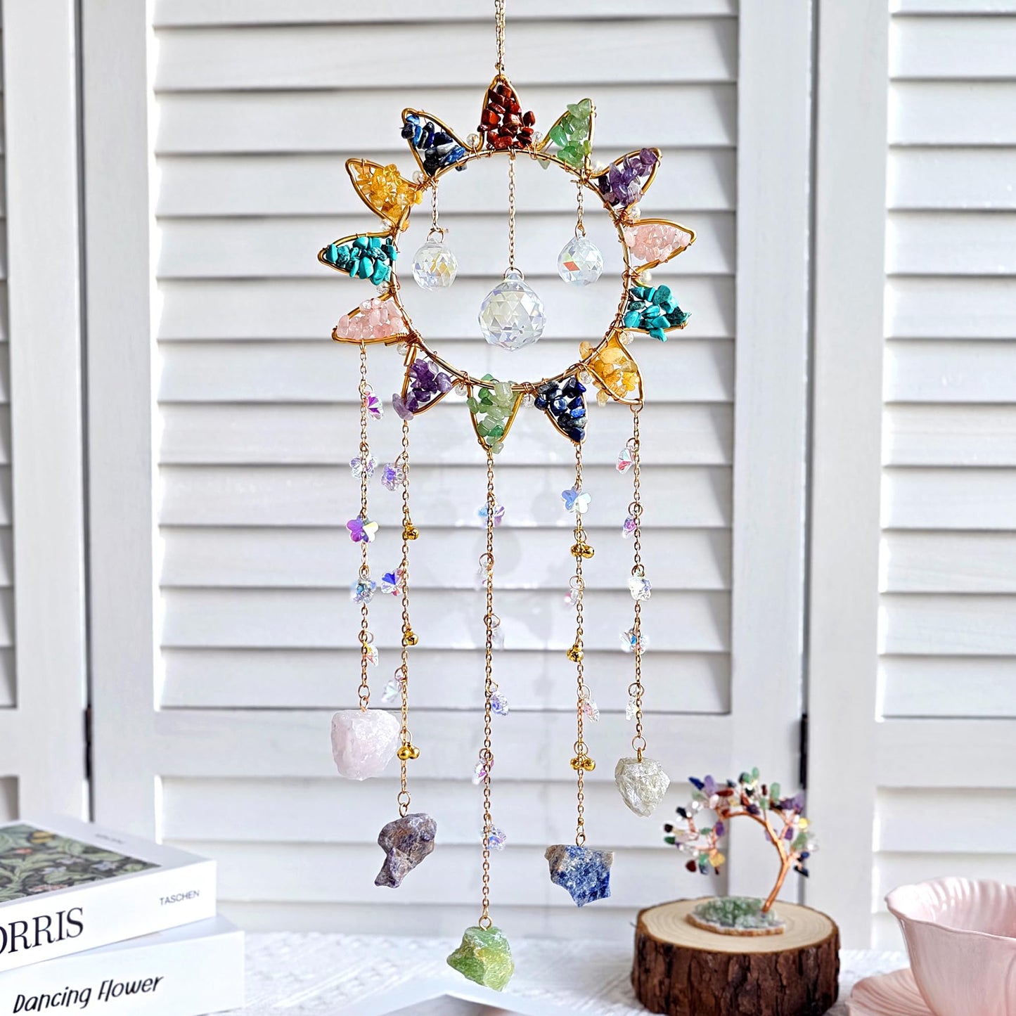 7 Chakra Crystal Sun Catcher Hanging Decor, Rainbow Maker with 3 K9 Crystal Prism Balls & Natural Crystal Stone, Wall and Window Decor Ornament for Home, Bedroom, Balcony, Handmade Gift.