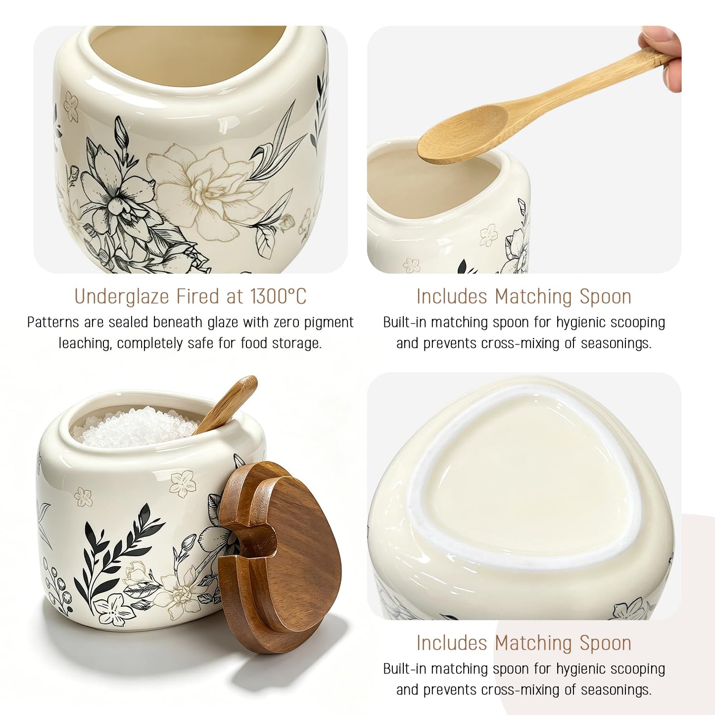 Salt Cellar 13.4 oz, Chinese Classical Vine Pattern Porcelain Salt Container with Wooden Lid & Bamboo Spoon, Ceramic Seasoning Bowl for Pepper & Spices, Kitchen Countertop Salt Holder (Triangular)