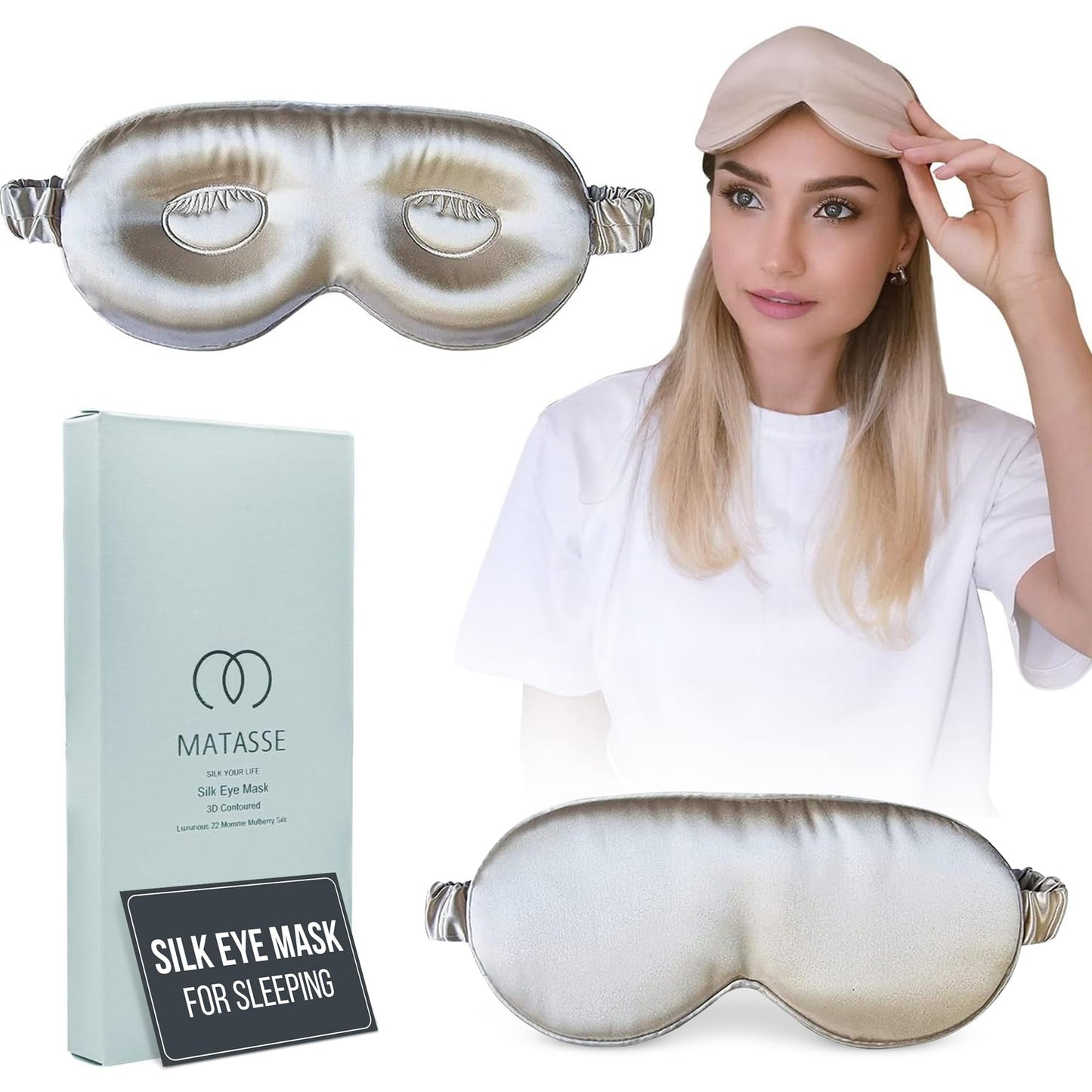 MATASSE Silk Eye Mask for Sleeping with Adjustable Elastic Band - 3D Contoured, Eye Cover Sleep Mask w/Genuine Mulberry Silk Including The Strap for Women, Men (Black)