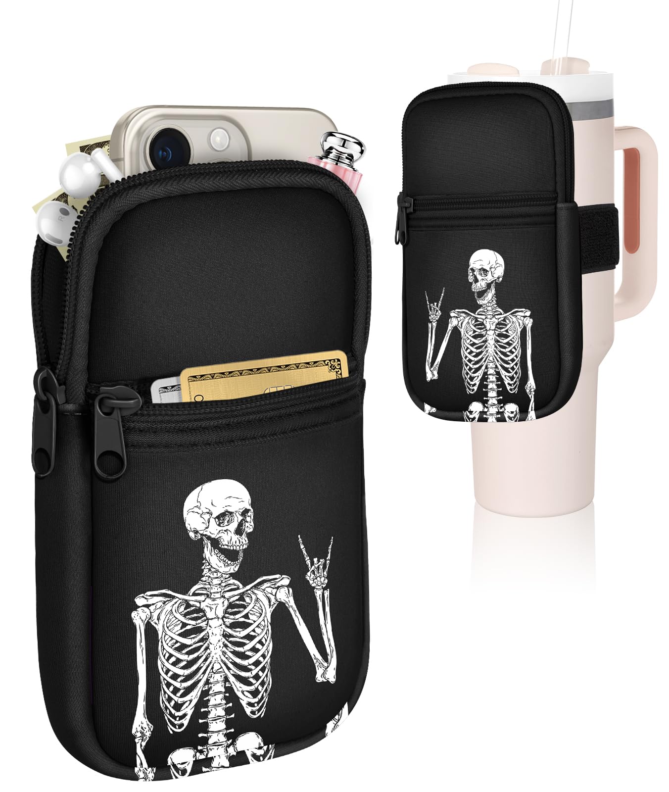 Water Bottle Pouch Backpack For Stanley Quencher Cup - Black Skeleton Print 40 30 oz Tumbler Bag Purse Pack Wallet For Phone Keys Gym Accessories