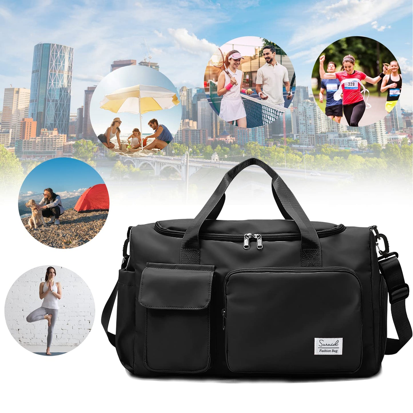 Suruid Sports Gym Duffel Bag with Shoes Compartment and Dry Wet Separated Pocket for Men and Women - Overnight Weekender Training Handbag Yoga Bag - Black