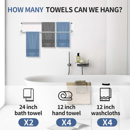 KAHCNVN Stainless Steel Double Towel bar,adjustable16-28IN Double Towel Racks for Bathroom Wall Mounted,Suitable for Bathrooms and Kitchens