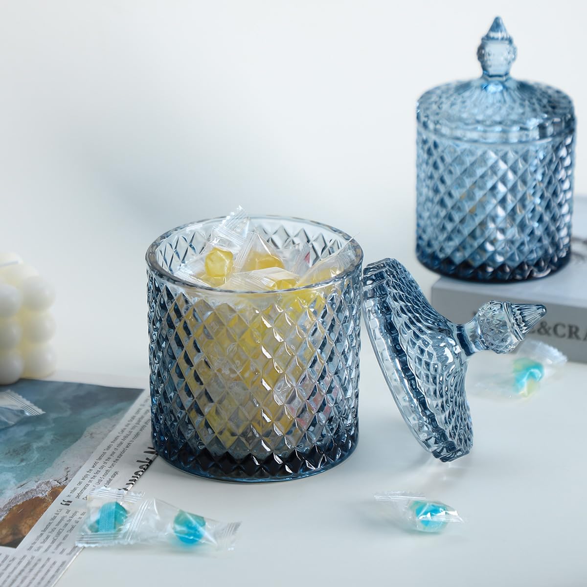 Sizikato Diamond Faceted Crystal Glass Candy Jar with Lid, 18oz Blue Decorative Jar, Nut Jar, Dried Fruit Storage Jar.
