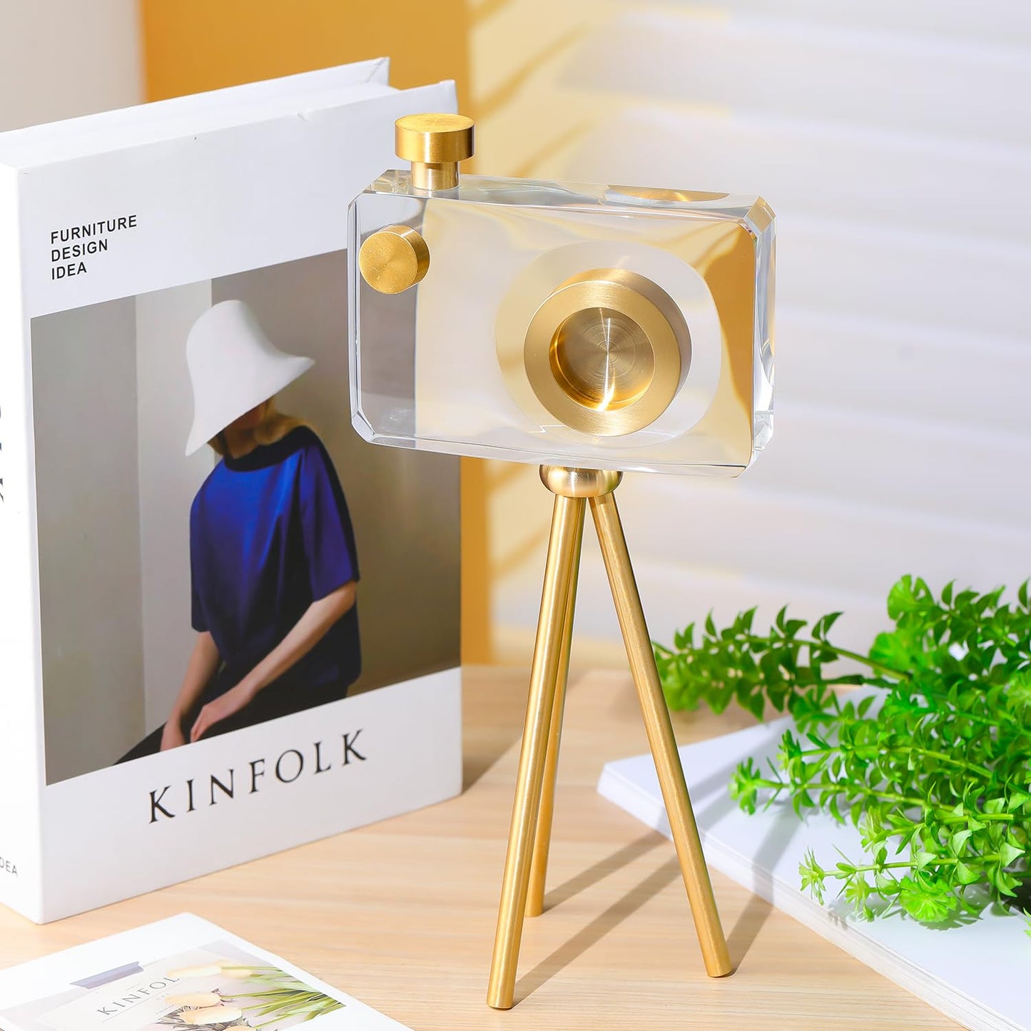 JOASURA Crystal Camera Model Statues- Small Golden with Bracket 3.94x5.12inch 2.2LB,Camera Crafts Collectible Figurine Home Desktop Decoration