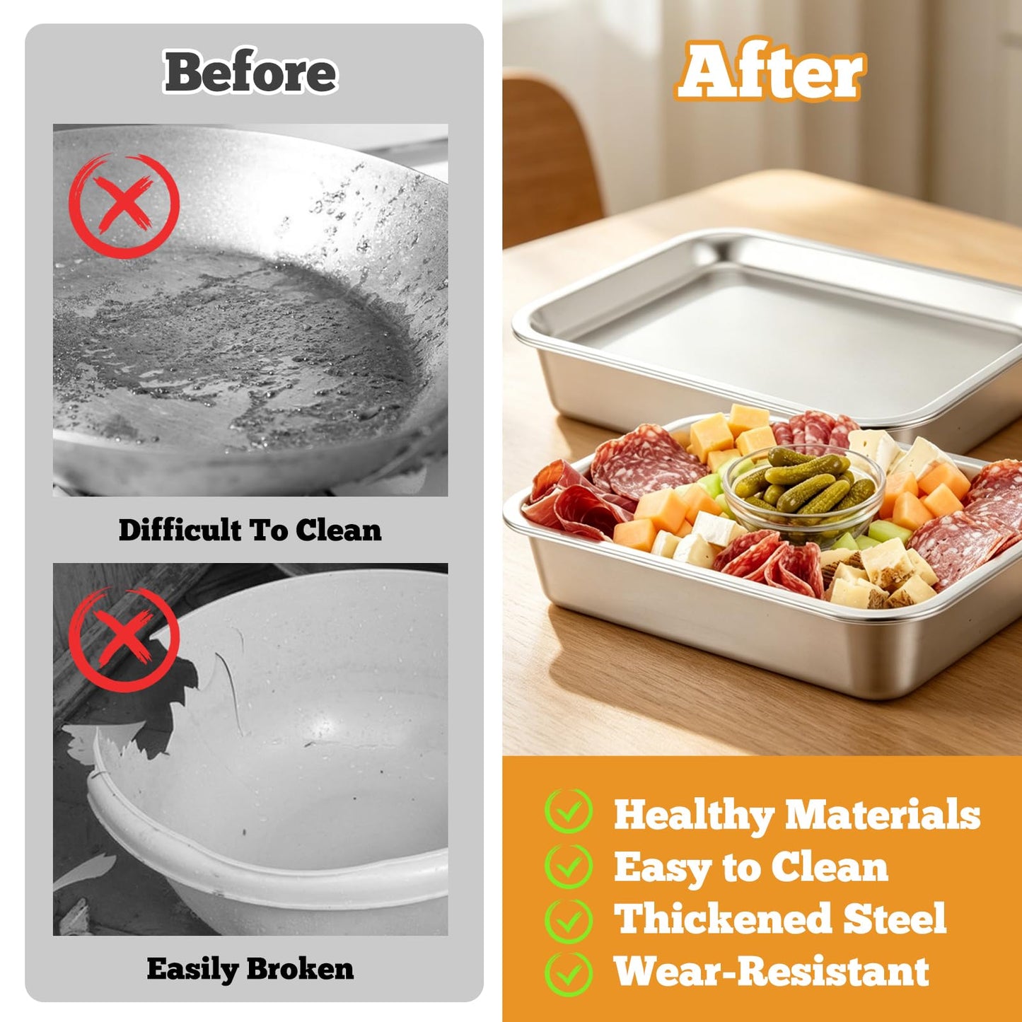 2 Set Stainless Steel Chilled Serving Tray with Compartments 15.7” x 11.8” Ice Chilled Tray Set for Parties Rectangle Veggie Platter Charcuterie Serving Board for Fruit Seafood Appetizer