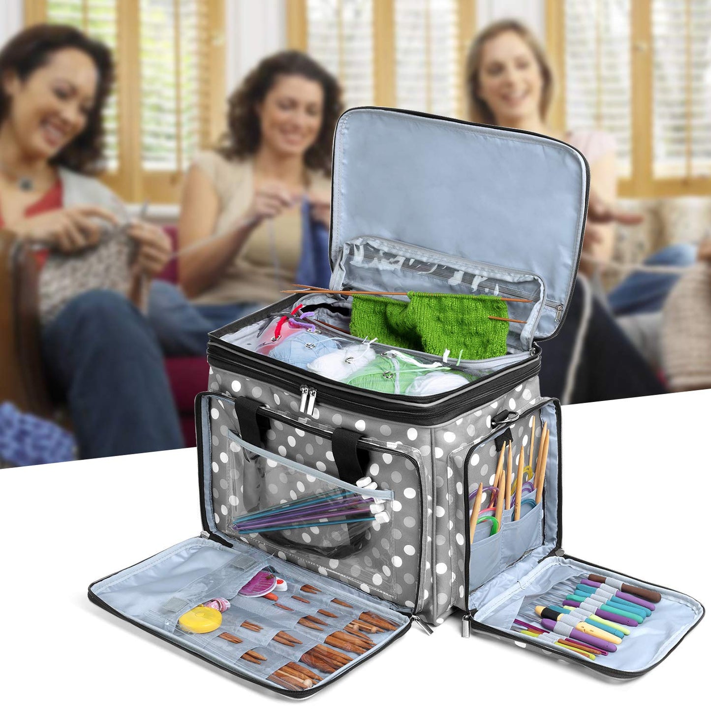 Luxja Knitting Bag - Yarn Storage Organiser for Carrying Projects, Grey Dots