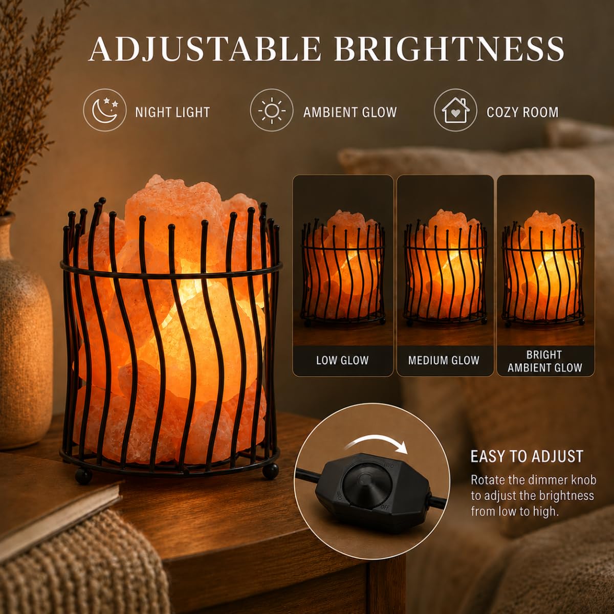 LOOPUPU Himalayan Salt Lamp 5in Plug-in Natural Pink Salt Rock Night Light Dimmer Switch 2 Bulbs Included Bedroom Desk Decor (Curved Wire Basket)